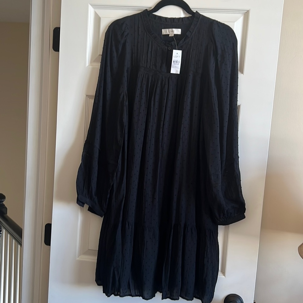 Loft Black Dotted Pintuck Dress - Large